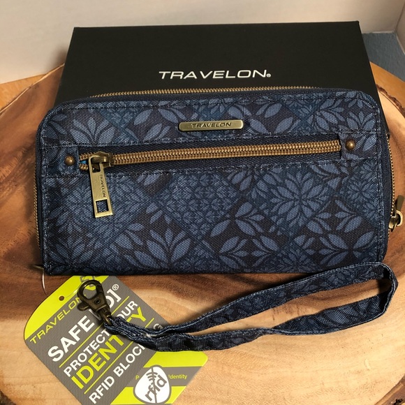 Travelon Handbags - NWT Navy Floral TRAVELON RIFD Protected Wristlet